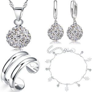 💎 925 Sterling Silver Bundle Set Necklace Earrings Bracelet And Ring Adjustable